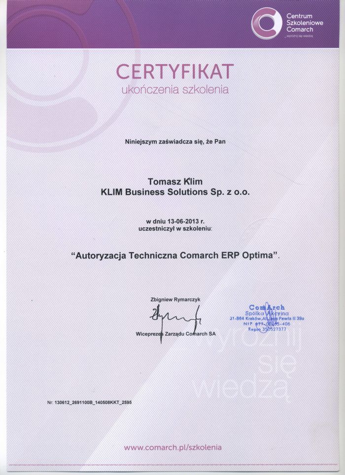 Tomasz Klim - Comarch ERP Optima technical authorization